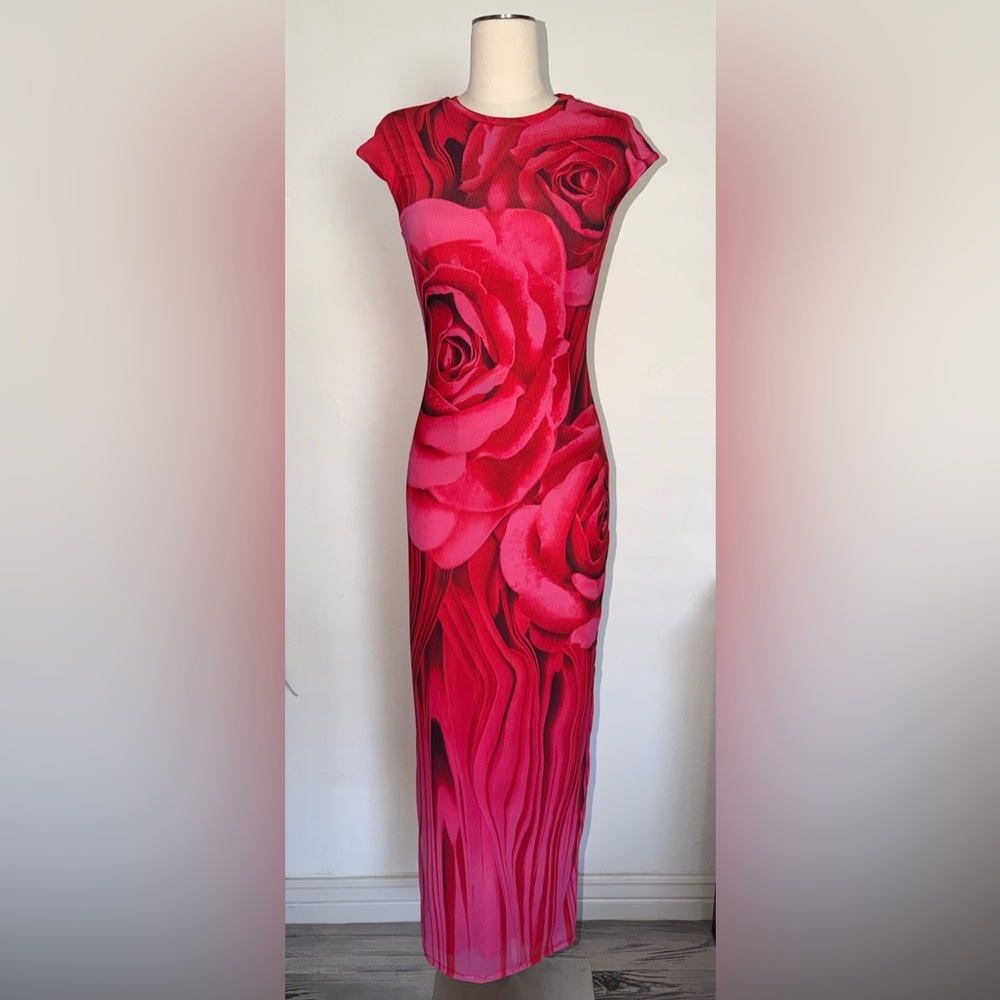 AFRM Pink and Red Rose-Print Maxi Dress